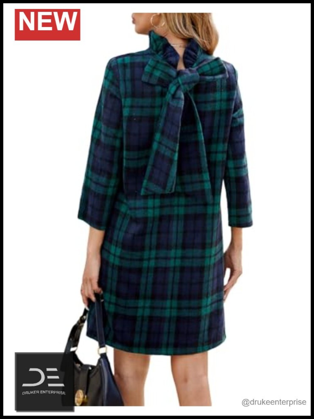 Wool Plaid Shift Mini Dress Ruffle Neck Bow Back Pockets